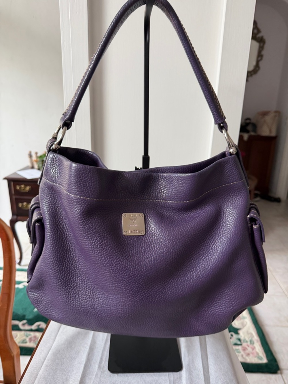 MCM Purple Pebbled Leather Hobo Bag
